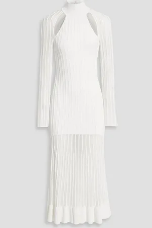 Hervé Léger Mesh-paneled ribbed-knit turtleneck midi dress