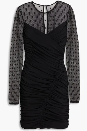 Halston Heritage Hilary tulle-paneled ruched polka-dot stretch-jersey mini dress