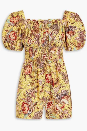 ULLA JOHNSON Alo shirred printed cotton-poplin playsuit - Yellow