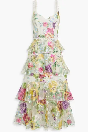 Marchesa Notte Tiered embroidered tulle midi dress