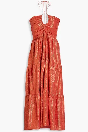 sundress Rika metallic striped cotton-blend halterneck midi dress - Red