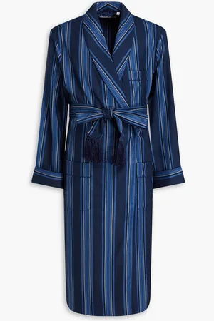 DEREK ROSE Belted striped wool-twill robe - Blue