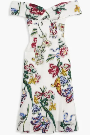 Marchesa Notte Off-the-shoulder brocade midi dress