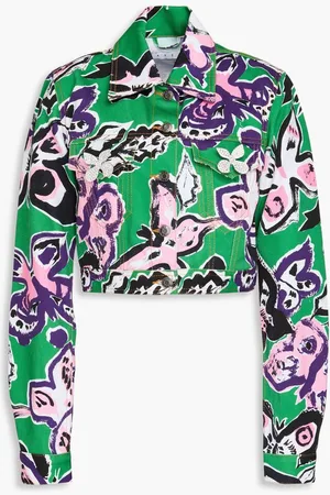 AREA Cropped crystal-embellished floral-print denim jacket