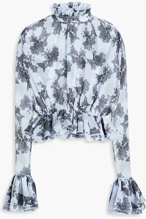 ROTATE Cropped ruffled floral-print chiffon blouse - Blue