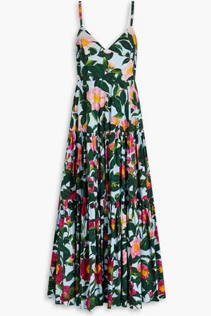 Oscar de la Renta Floral-print cotton-blend poplin maxi dress - Blue