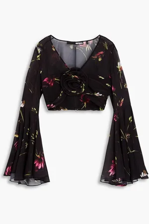 ROTATE Cropped floral-print voile top