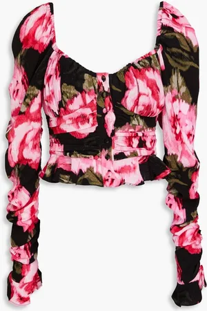 ROTATE Cropped ruffled floral-jacquard blouse