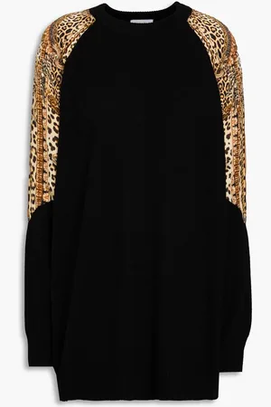 Camilla Leopard-print silk satin-paneled wool and cashmere-blend sweater
