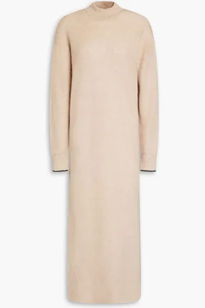 Brunello Cucinelli Bead-embellished ribbed alpaca and cotton-blend midi dress - Neutral