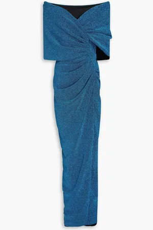 RHEA COSTA Off-the-shoulder wrap-effect metallic jersey gown - Blue