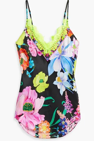 Camilla Lace-trimmed crystal-embellished printed silk camisole - Yellow