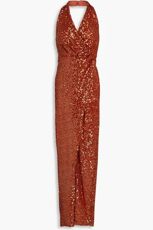 Halston Heritage Svetlana wrap-effect sequined mesh halterneck gown - Metallic
