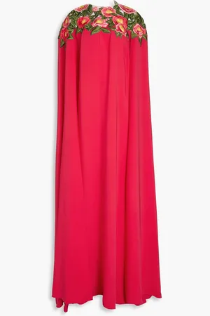 Oscar de la Renta Camellia cape-effect appliquéd tulle-trimmed stretch-silk gown - Orange