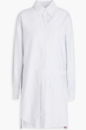 Thom Browne Asymmetric pleated striped cotton mini shirt dress - Gray