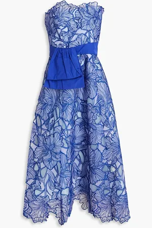 Marchesa Notte Strapless taffeta-paneled embroidered tulle midi dress - Blue