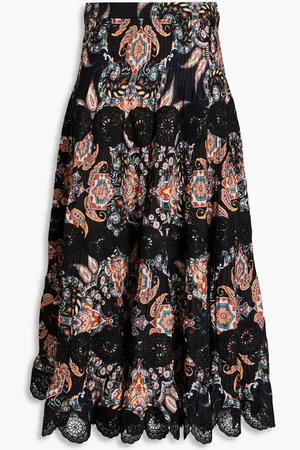 Cara Cara Austin guipure lace-paneled printed cotton-poplin midi skirt