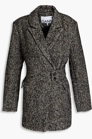Ganni Belted herringbone twill coat