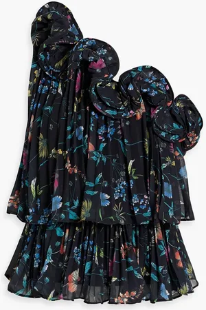 AMUR One-shoulder pleated floral-print chiffon top