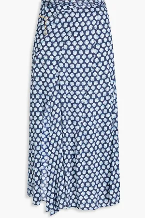 Maje Printed satin midi skirt - Blue