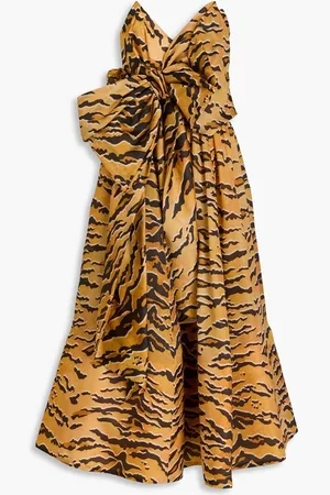 ZIMMERMANN Strapless bow-detailed tiger-print silk-gazar midi dress