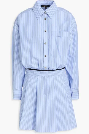 Maje Tie-front striped cotton-blend mini shirt dress - Blue