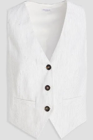 Brunello Cucinelli Cropped bead-embellished pinstriped linen-blend vest