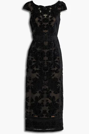Marchesa Notte Embroidered lace-appliquéd stretch-tulle midi dress