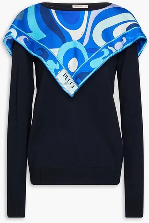 Puccini Draped printed silk-twill and wool sweater - Blue