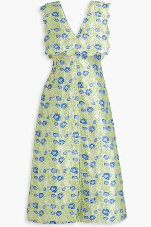 Ganni Scalloped floral-jacquard midi dress - Green