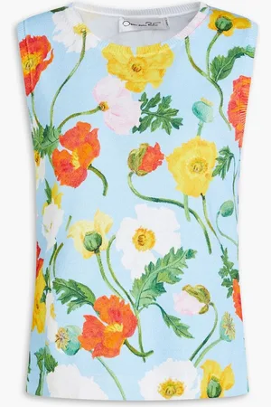 Oscar de la Renta Floral-print cotton-blend tank - Blue