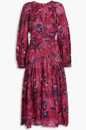 ULLA JOHNSON Helia ruched printed cotton-blend midi dress - Pink