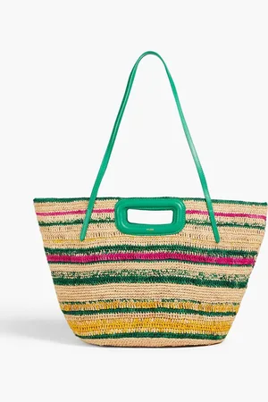 Maje Leather-trimmed striped raffia tote - Green