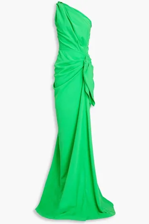 RHEA COSTA Elena one-shoulder draped crepe gown