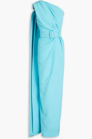 RHEA COSTA One-shoulder belted draped crepe gown - Blue