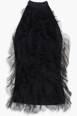 AUTUMN CASHMERE Tulle-trimmed knitted halterneck top - Blue