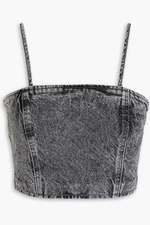 ROTATE Cropped crystal-embellished denim top - Gray