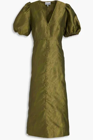 Ganni Satin-jacquard midi dress - Green