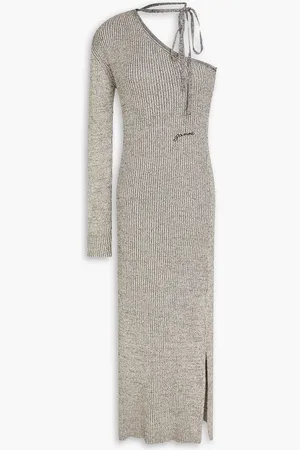 Ganni One-sleeve metallic ribbed-knit midi dress - Metallic
