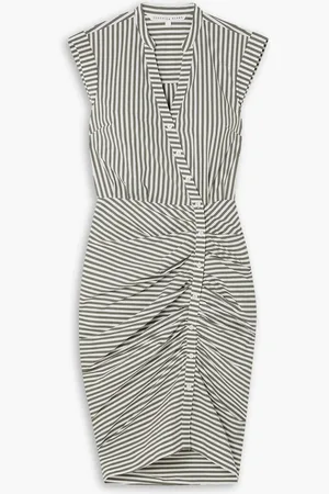 VERONICA BEARD Ruched striped cotton-blend poplin shirt dress - Green