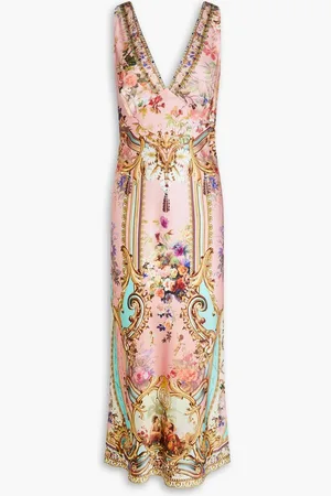 Camilla Crystal-embellished printed silk-satin midi dress - Pink