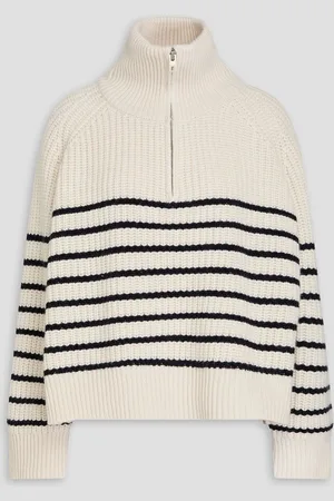 NILI LOTAN Amelina striped ribbed cashmere half-zip sweater - White