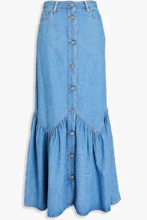 Ganni Button-detailed gathered denim maxi skirt - Blue
