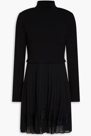 Claudie Pierlot Lace-trimmed pleated crepe-paneled jersey mini dress