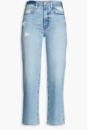 Frame Cropped distressed high-rise straight-leg jeans - Blue