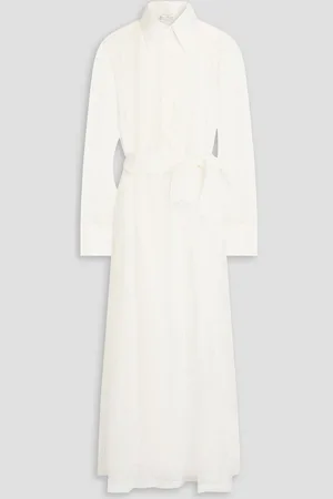 Brunello Cucinelli Pleated embroidered chiffon maxi shirt dress - White