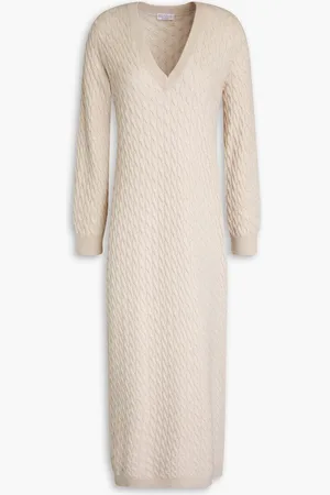 Brunello Cucinelli Bead-embellished cable-knit wool, cashmere and silk-blend midi dress - White