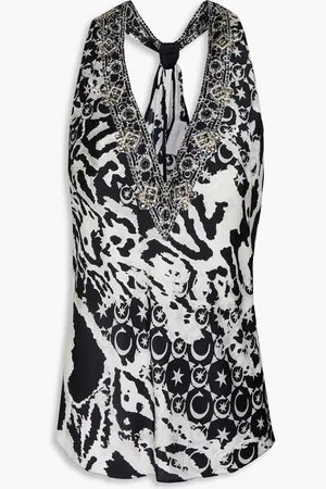 Camilla Crystal-embellished printed silk-satin top