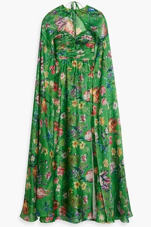 Marchesa Notte Cape-effect floral-print charmeuse gown - Green