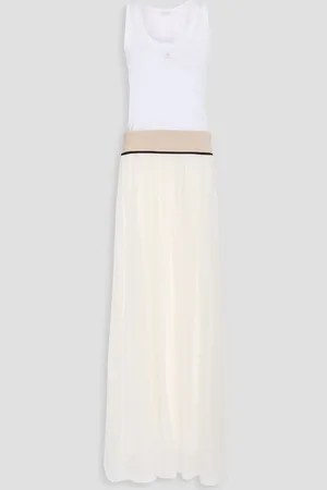Brunello Cucinelli Pleated piqué-paneled silk-organza maxi dress - White